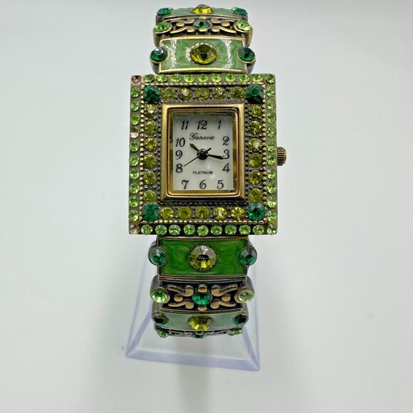 Rhinestone Watch Women Brass Tone Green Boho Statement Hinged Cuff Band Works - Picture 1 of 12